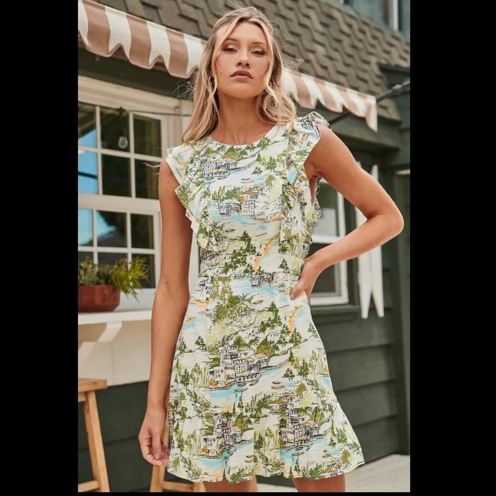 Sugarlips Francine Toile Print Ruffle Mini Dress Multi-Green Anthropologie